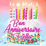 A white birthday cake covered in colorful sprinkles, topped with bright candles, and French text 'Bon Anniversaire Vella' on a pastel gradient background in an animated GIF.