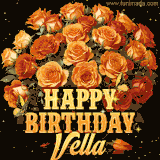 Animated bouquet of orange roses with moving butterfles and golden 'Happy Birthday Vella' text, surrounded by sparkling accents and a dark backdrop for a luxurious feel.