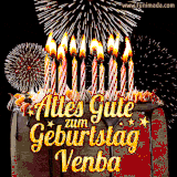 A chocolate birthday cake with glowing candles, the German text 'Alles Gute zum Geburtstag Venba,' and vibrant fireworks lighting up the background in an animated GIF.
