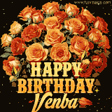 Animated bouquet of orange roses with moving butterfles and golden 'Happy Birthday Venba' text, surrounded by sparkling accents and a dark backdrop for a luxurious feel.