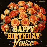 Animated bouquet of orange roses with moving butterfles and golden 'Happy Birthday Venice' text, surrounded by sparkling accents and a dark backdrop for a luxurious feel.