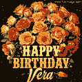 Beautiful bouquet of orange and red roses for Vera, golden inscription and twinkling stars