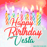 Bright birthday candles with rainbow flames on a cake, alongside the text 'Happy Birthday Vesta' in vibrant script in this celebratory animated GIF.