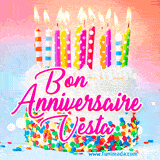 A white birthday cake covered in colorful sprinkles, topped with bright candles, and French text 'Bon Anniversaire Vesta' on a pastel gradient background in an animated GIF.