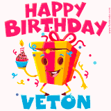 A vibrant and funny gift box character with a happy face dancing with a cupcake and the text 'Happy Birthday Veton,' surrounded by animated confetti and party vibes.