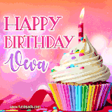 A vibrant birthday GIF featuring a rainbow-colored cupcake topped with white frosting, sprinkles, and a lit candle. The text reads 'Happy Birthday Veva' in bold pink and violet letters with white outline.