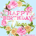 A charming animated GIF featuring 'Happy Birthday Viana' in pink and green text, surrounded by delicate roses, leaves, and fluttering butterflies on a soft light blue pastel background.
