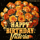 Animated bouquet of orange roses with moving butterfles and golden 'Happy Birthday Victoria' text, surrounded by sparkling accents and a dark backdrop for a luxurious feel.