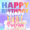 Animated Happy Birthday Cake with Name Victoria and Burning Candles