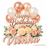 Seamlessly looping Happy Birthday Vienna wish with pastel flowers and balloons