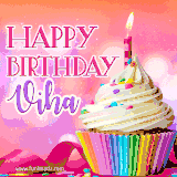 A vibrant birthday GIF featuring a rainbow-colored cupcake topped with white frosting, sprinkles, and a lit candle. The text reads 'Happy Birthday Viha' in bold pink and violet letters with white outline.