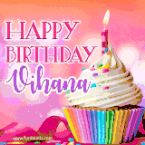 A vibrant birthday GIF featuring a rainbow-colored cupcake topped with white frosting, sprinkles, and a lit candle. The text reads 'Happy Birthday Vihana' in bold pink and violet letters with white outline.