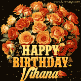 Animated bouquet of orange roses with moving butterfles and golden 'Happy Birthday Vihana' text, surrounded by sparkling accents and a dark backdrop for a luxurious feel.