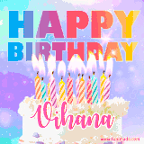 A vibrant animated name GIF with the words 'Happy Birthday Vihana' with colorful candles on a creamy cake. The background sparkles with pastel shades, adding a festive touch.