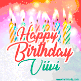 Bright birthday candles with rainbow flames on a cake, alongside the text 'Happy Birthday Viivi' in vibrant script in this celebratory animated GIF.