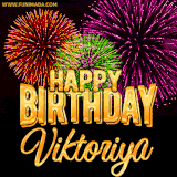 A golden 'Happy Birthday Viktoriya' message with vibrant fireworks in the background, creating a festive and celebratory vibe in this animated name GIF.