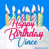 A cheerful animated GIF featuring colorful lit birthday candles on a white cake, with the text 'Happy Birthday Vince' in bold red and blue script on a bright blue background.