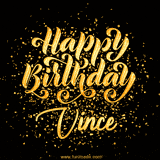 Animated GIF with colorful, festive 'Happy Birthday Vince' text decorated with patterns, a party hat, and falling confetti. A vibrant and cheerful design for birthday celebrations.