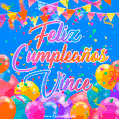 A vibrant animated GIF with 'Feliz Cumpleaños Vince' written in colorful script, surrounded by balloons, confetti, and bunting on a bright blue background.