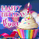 A festive animated GIF featuring a colorful cupcake with a single lit candle, sprinkles, and 'Happy Birthday Vince' text against a sparkling, celebratory background.