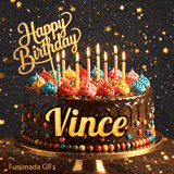Shimmering birthday animation for Vince featuring a delicious chocolate drip cake with glowing yellow candles.