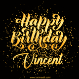 Animated GIF with colorful, festive 'Happy Birthday Vincent' text decorated with patterns, a party hat, and falling confetti. A vibrant and cheerful design for birthday celebrations.