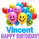 An animated birthday-themed name GIF with colorful smiling balloons and bold 'Vincent, Happy Birthday!' text for a celebratory touch.