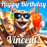 A cheerful cat wearing sunglasses, enjoying drinks on a sunny beach chair, with the text 'Happy Birthday Vincent!' in bright letters.