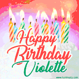 Bright birthday candles with rainbow flames on a cake, alongside the text 'Happy Birthday Violette' in vibrant script in this celebratory animated GIF.