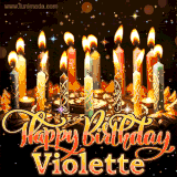 A glowing personalized birthday GIF with name Violette featuring lit candles with intricate designs, warm lighting, and the text 'Happy Birthday' in an elegant font.