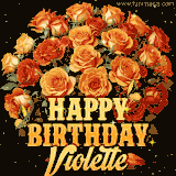 Animated bouquet of orange roses with moving butterfles and golden 'Happy Birthday Violette' text, surrounded by sparkling accents and a dark backdrop for a luxurious feel.