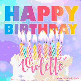 A vibrant animated name GIF with the words 'Happy Birthday Violette' with colorful candles on a creamy cake. The background sparkles with pastel shades, adding a festive touch.