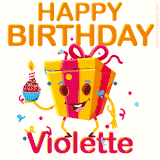 A vibrant and funny gift box character with a happy face dancing with a cupcake and the text 'Happy Birthday Violette,' surrounded by animated confetti and party vibes.