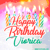 Bright birthday candles with rainbow flames on a cake, alongside the text 'Happy Birthday Viorica' in vibrant script in this celebratory animated GIF.