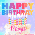 Animated Happy Birthday Cake with Name Virgie and Burning Candles