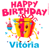 A vibrant and funny gift box character with a happy face dancing with a cupcake and the text 'Happy Birthday Vitória,' surrounded by animated confetti and party vibes.