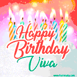 Bright birthday candles with rainbow flames on a cake, alongside the text 'Happy Birthday Viva' in vibrant script in this celebratory animated GIF.