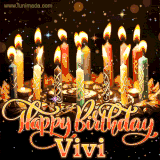 A glowing personalized birthday GIF with name Vivi featuring lit candles with intricate designs, warm lighting, and the text 'Happy Birthday' in an elegant font.