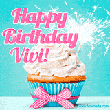 A festive cupcake with pink icing, a gingham bow, and a lit animated sparkler, paired with 'Happy Birthday Vivi!' in bright pink text.