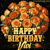 Animated bouquet of orange roses with moving butterfles and golden 'Happy Birthday Vivi' text, surrounded by sparkling accents and a dark backdrop for a luxurious feel.