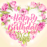 A stunning heart made of pink roses surrounds the elegant script text 'Happy Birthday Vivi' on a soft beige background. Animated sparkles add a magical and festive feel.
