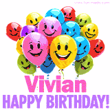 Animated colorful and joyful birthday balloons with cheerful smiles and a bright 'Happy Birthday Vivian!' message in pink and purple.