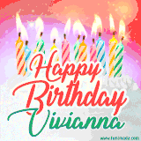 Bright birthday candles with rainbow flames on a cake, alongside the text 'Happy Birthday Vivianna' in vibrant script in this celebratory animated GIF.