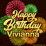 Golden text reading 'Happy Birthday Vivianna' surrounded by vibrant fireworks in red, green, and yellow, set against a dark background in this celebratory birthday GIF.