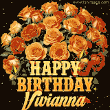 Animated bouquet of orange roses with moving butterfles and golden 'Happy Birthday Vivianna' text, surrounded by sparkling accents and a dark backdrop for a luxurious feel.
