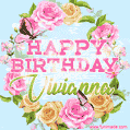 A charming animated GIF featuring 'Happy Birthday Vivianna' in pink and green text, surrounded by delicate roses, leaves, and fluttering butterflies on a soft light blue pastel background.