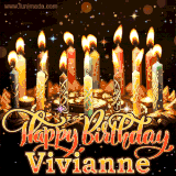A glowing personalized birthday GIF with name Vivianne featuring lit candles with intricate designs, warm lighting, and the text 'Happy Birthday' in an elegant font.