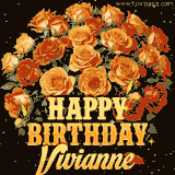 Animated bouquet of orange roses with moving butterfles and golden 'Happy Birthday Vivianne' text, surrounded by sparkling accents and a dark backdrop for a luxurious feel.