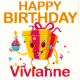A vibrant and funny gift box character with a happy face dancing with a cupcake and the text 'Happy Birthday Vivianne,' surrounded by animated confetti and party vibes.