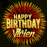 Golden 'Happy Birthday Vivien' text accompanied by animated rainbow fireworks for a festive animated greeting.